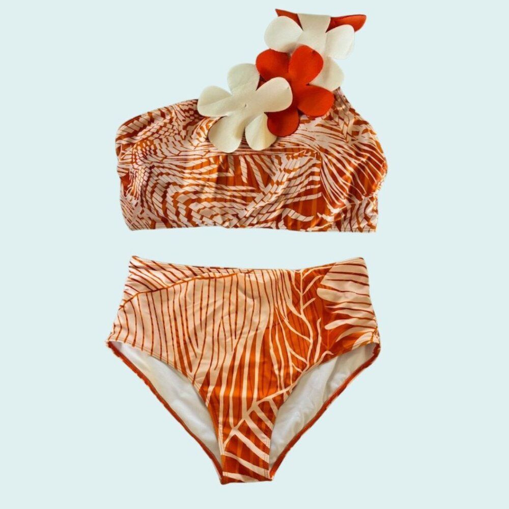 Two-Piece Bathing Suit Women's Size XL Orange Sheer Skirt Floral